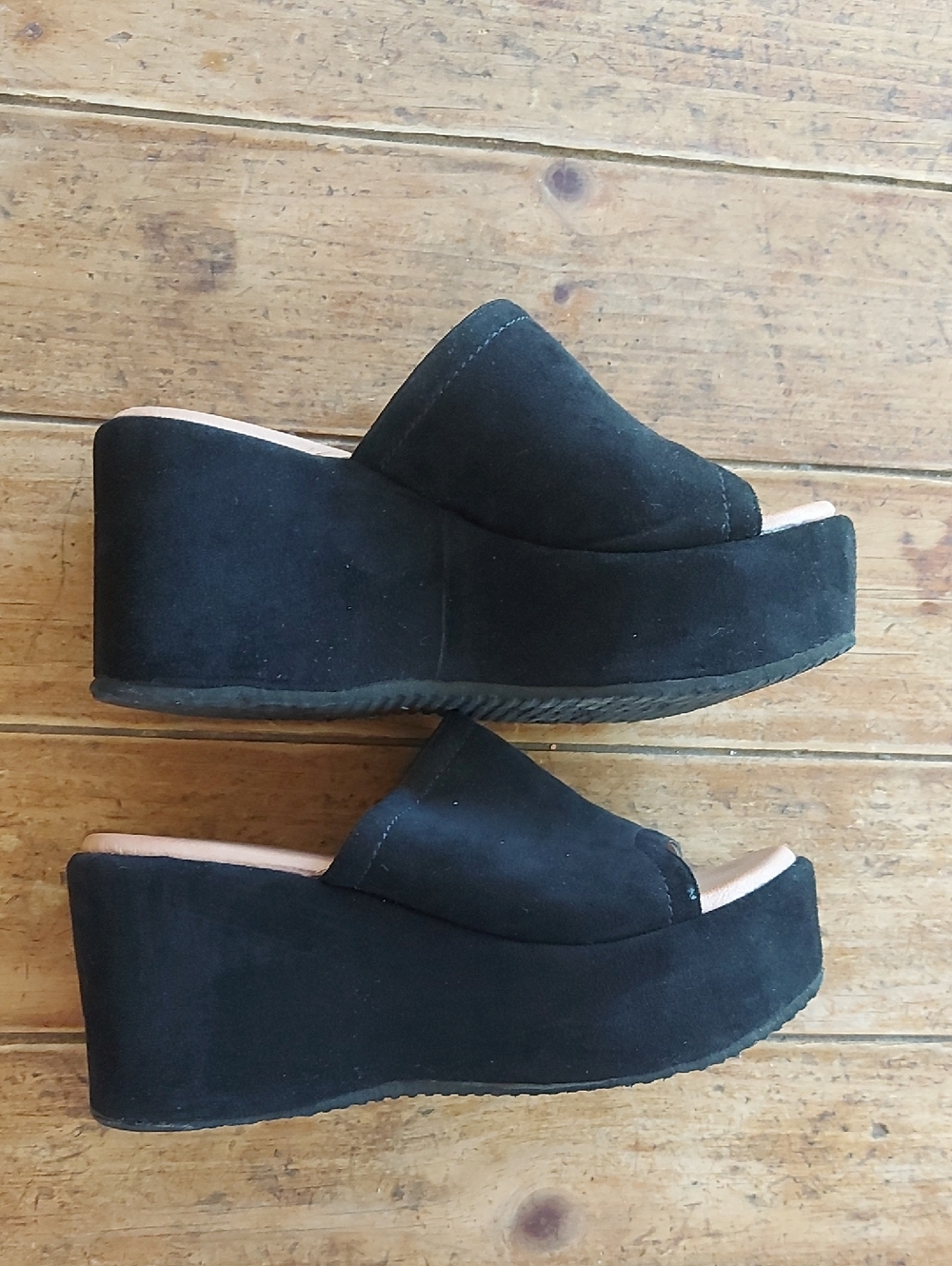 Women's Black Platform Slide Wedges - Suede-Look Comfort